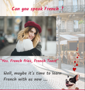woman in Paris with a red beret speaking French to her dog